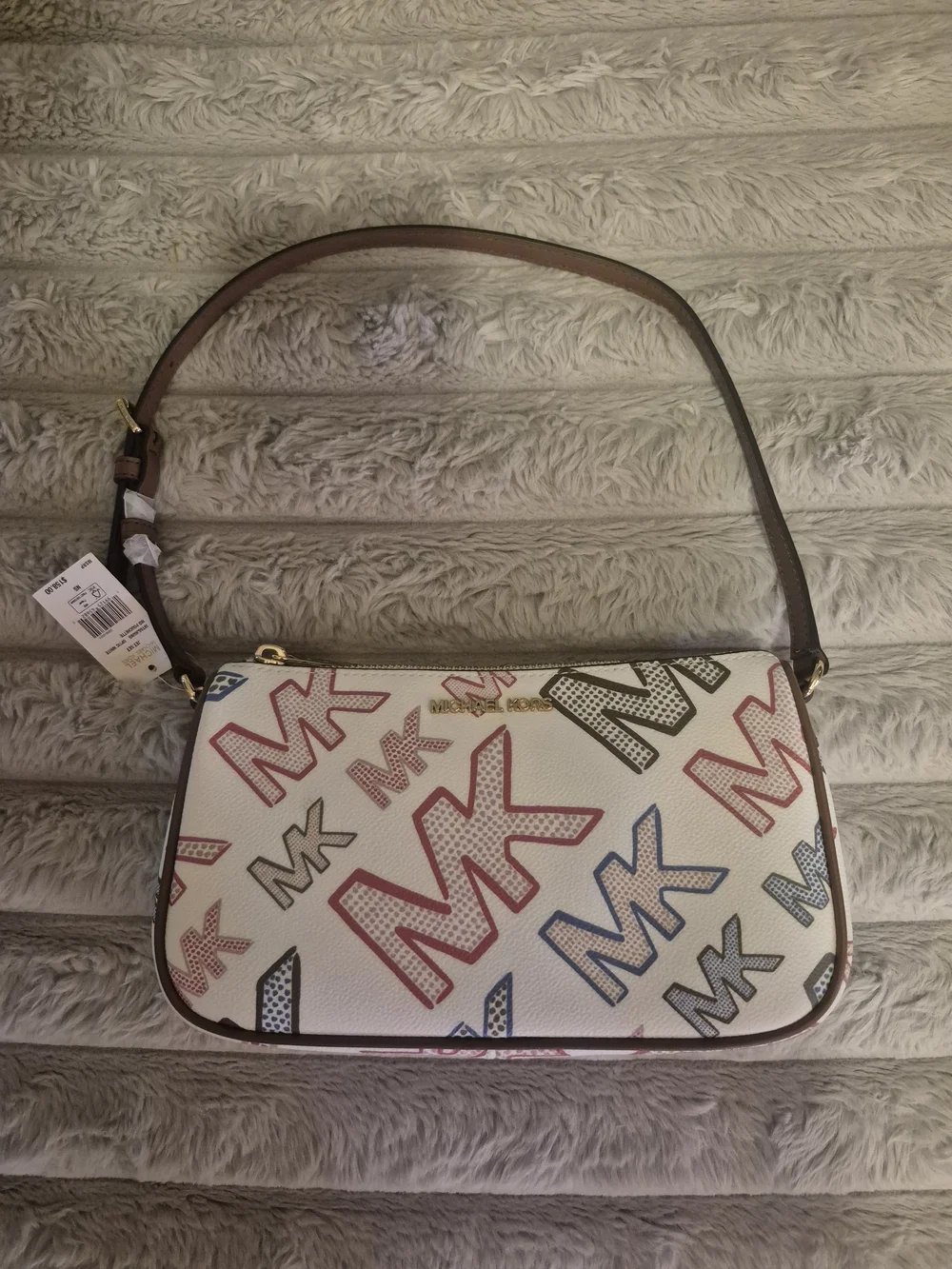 Michael Kors White Multicolor MK Print Shoulder Bag with Brown Strap